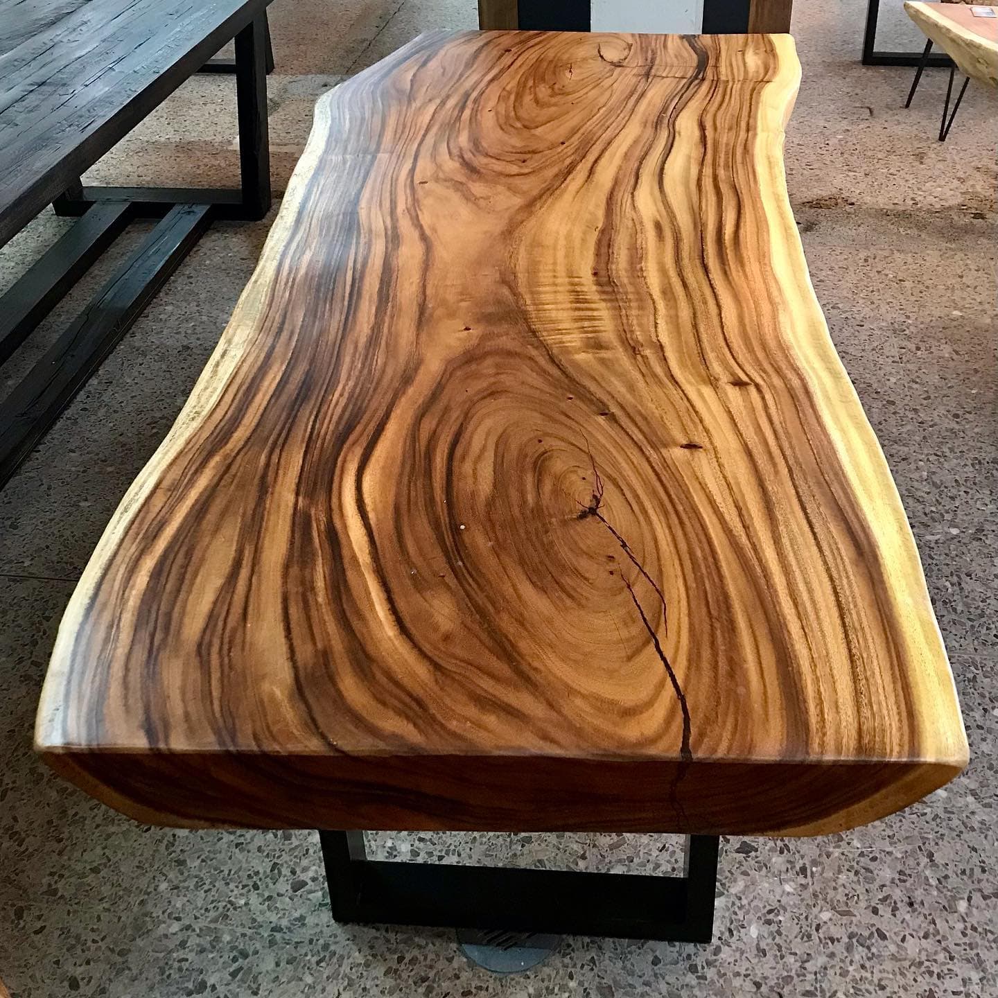 Cross-section of a Saman wood log, showing its unique and decorative grain.